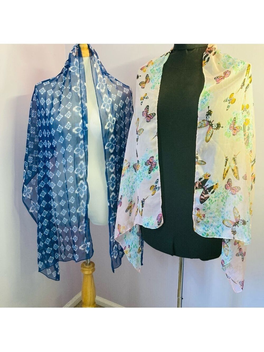 Light Scarves, Set of 2, Butterfly and Floral Pattern
